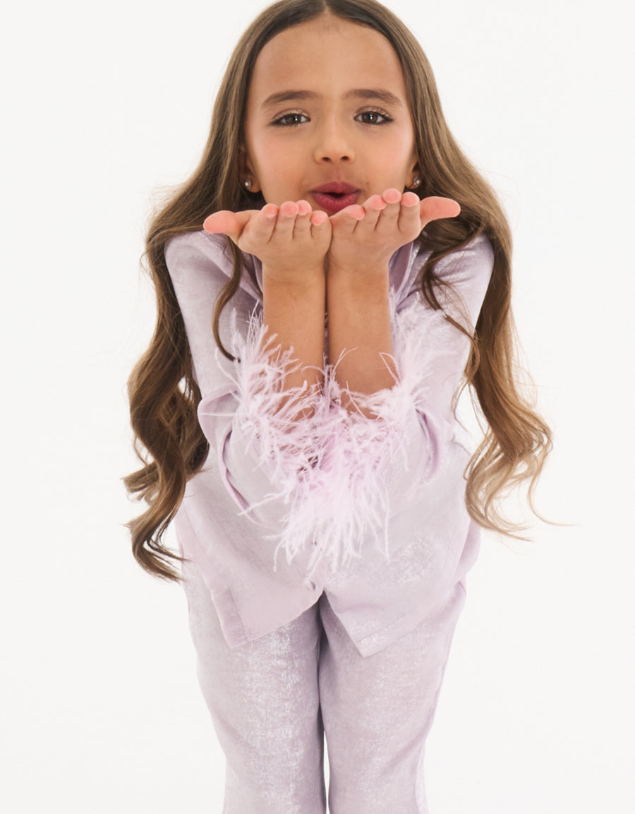 Feather Trim Long Sleeve Pajama Set