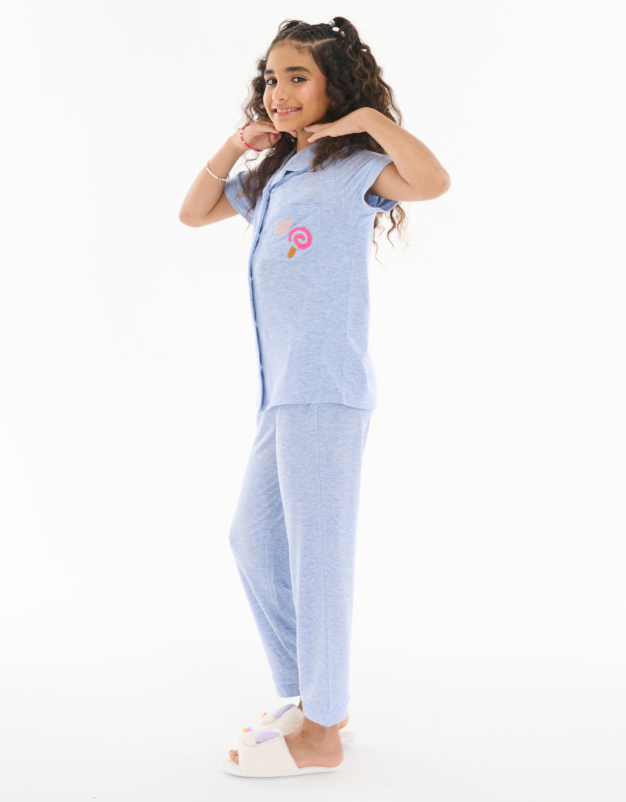 Short-Sleeve Shirt with Pants Pajama Set in Light Blue