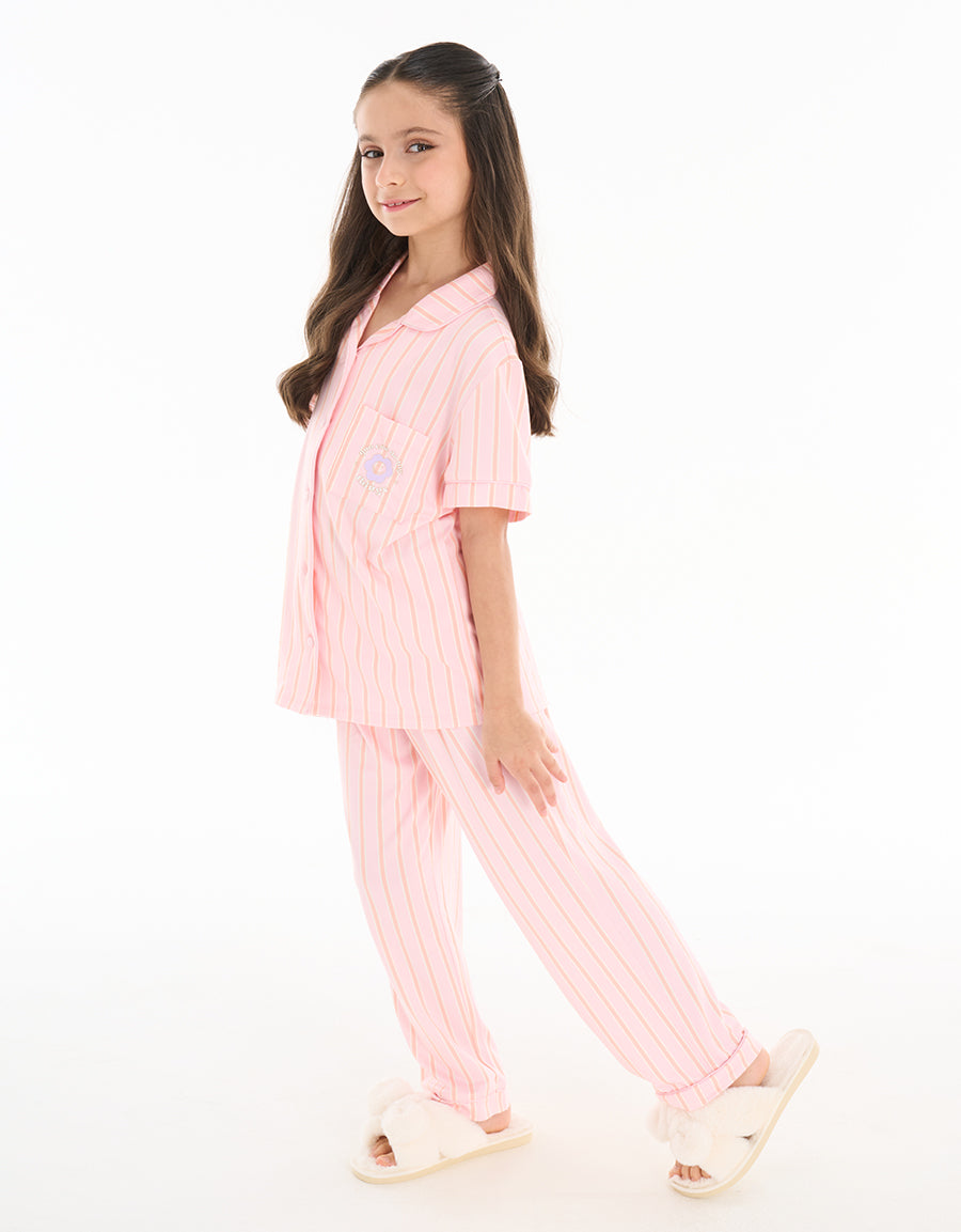 Short-Sleeve Shirt with Pants Pajama Set in Pink