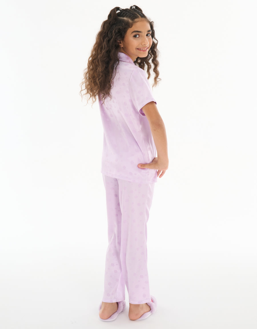Satin Short-Sleeve Shirt with Pants Pajama Set in Dark Purple