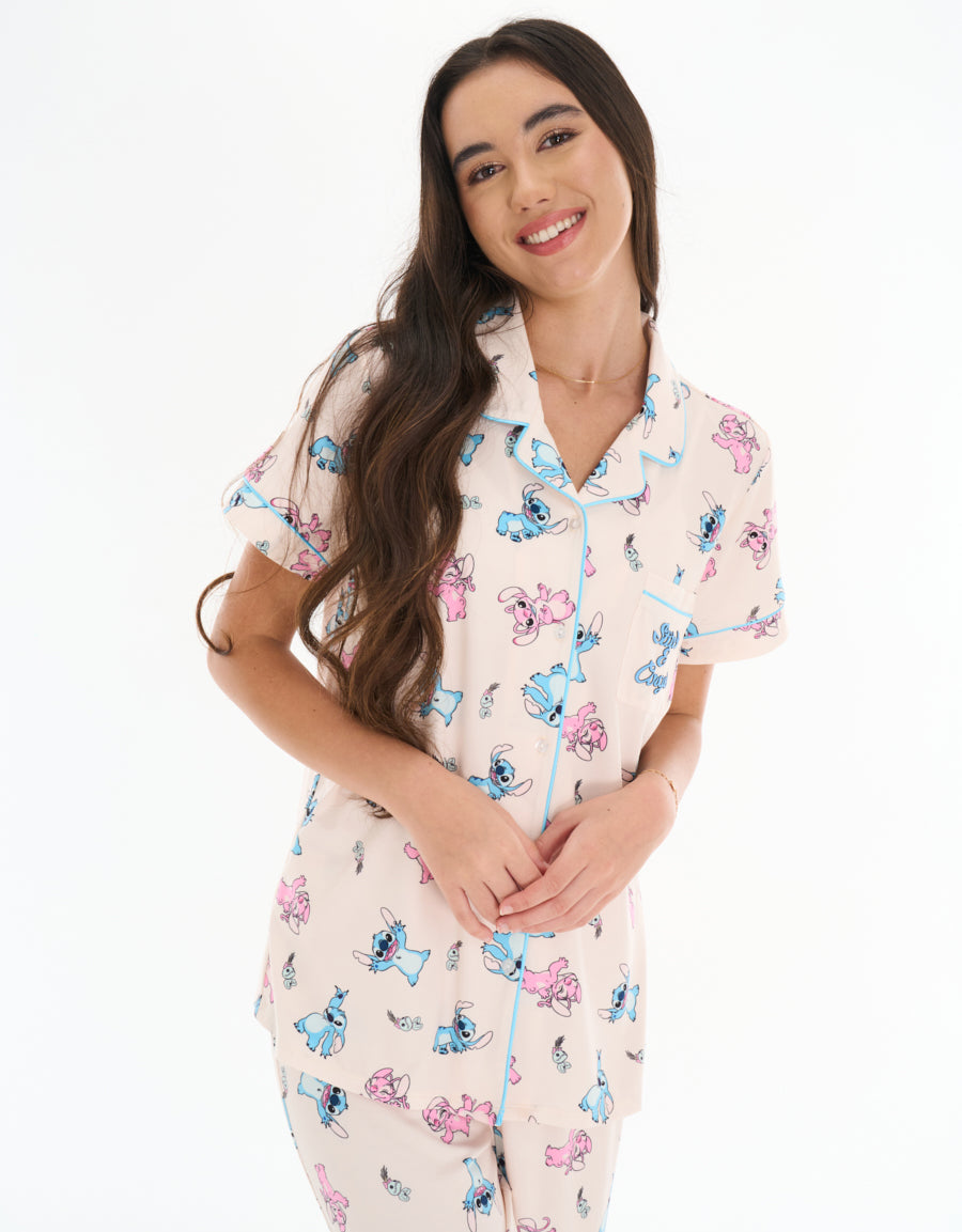 Short-Sleeve Shirt with Pants Pajama Set in Light Pink