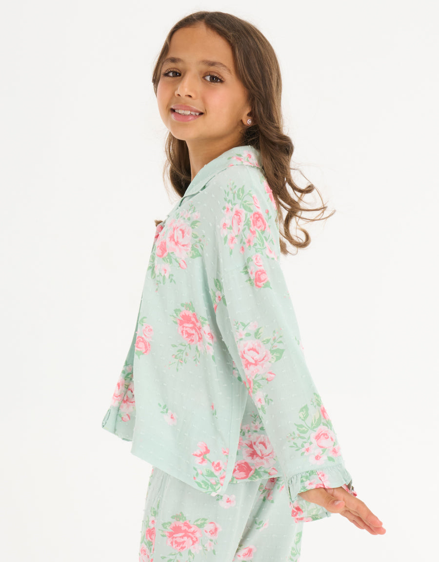 Long-Sleeve Shirt with Pants Pajama Set in Light Green