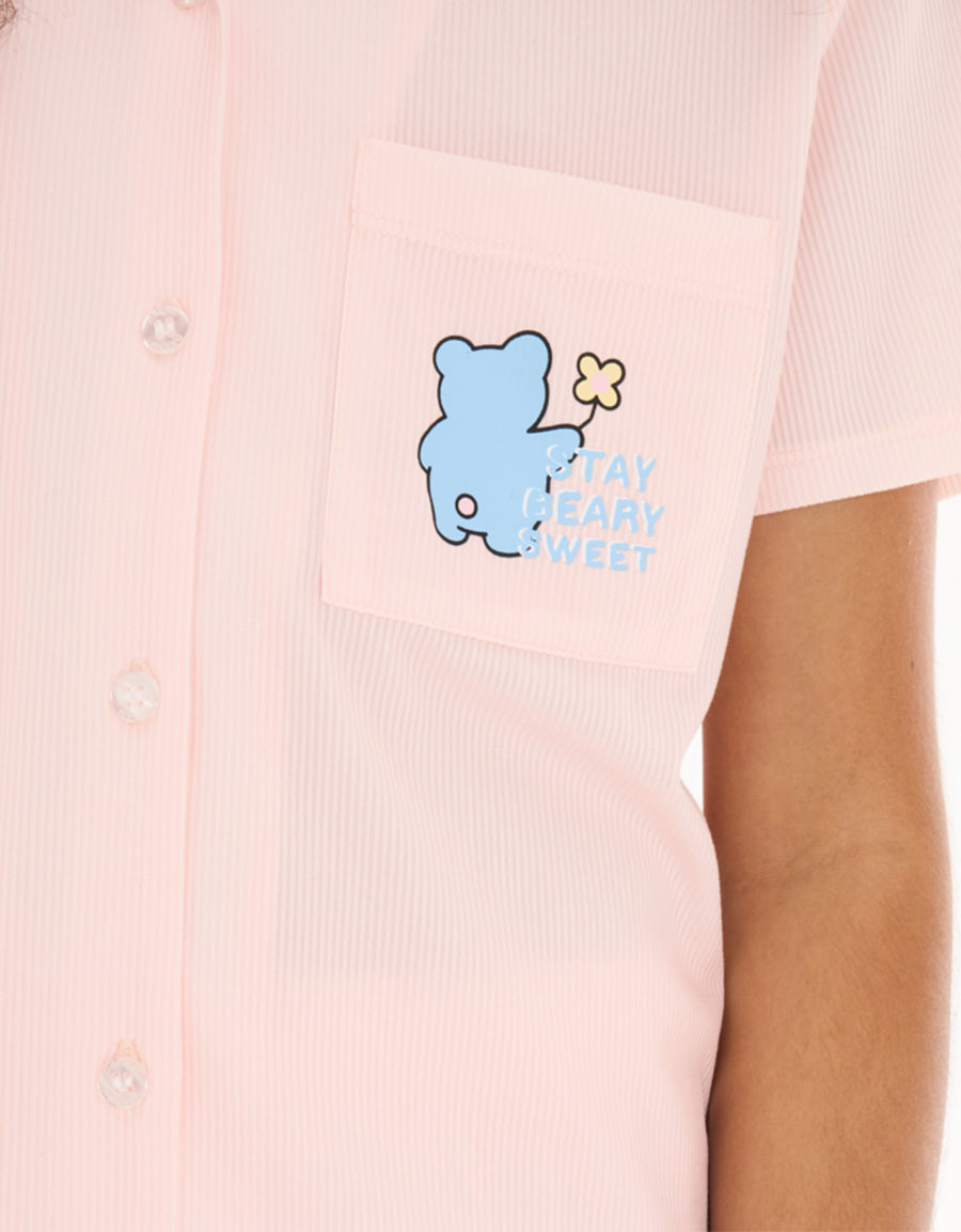 Short-Sleeve Shirt with Pants Pajama Set in Pink