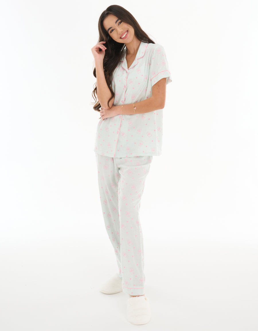 Short-Sleeve Shirt with Pants Pajama Set in Light Green