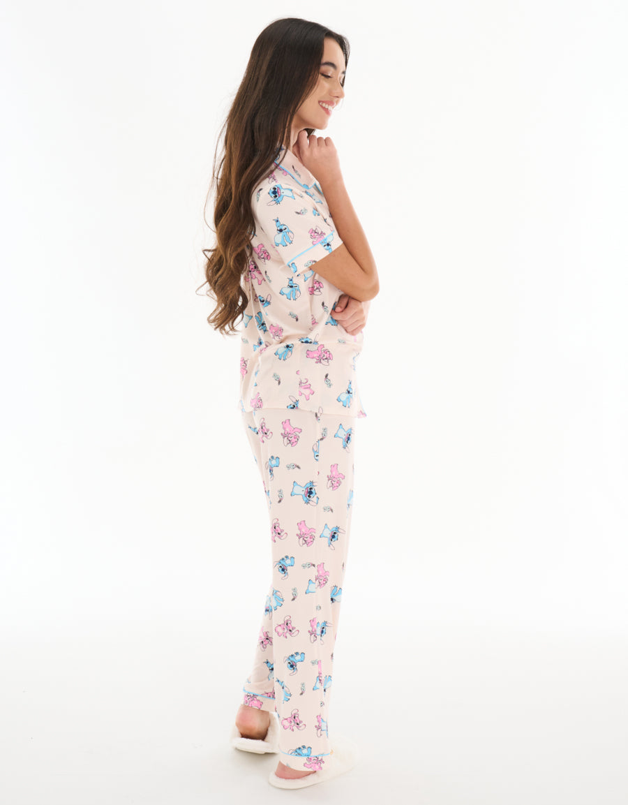 Short-Sleeve Shirt with Pants Pajama Set in Light Pink