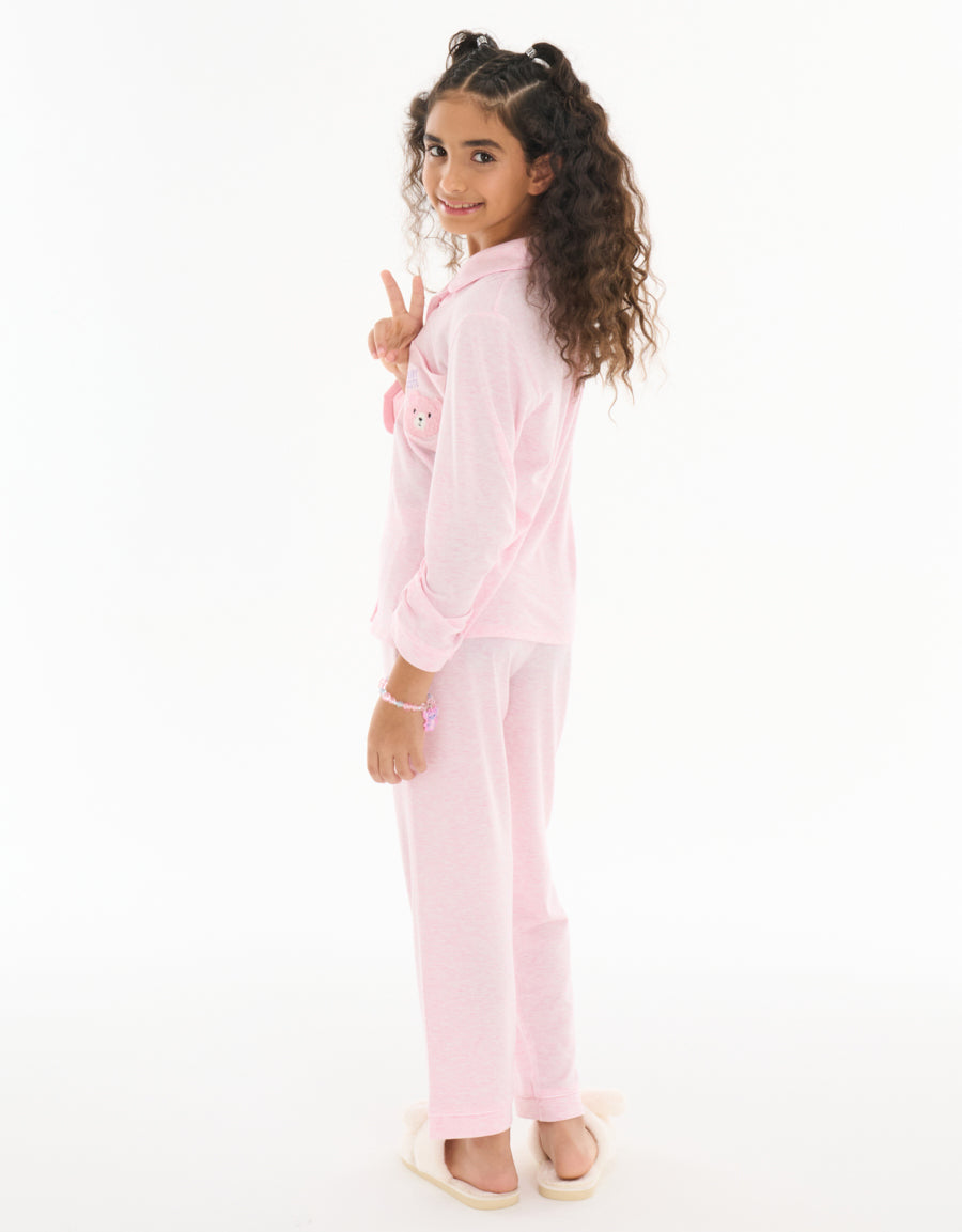 Long-Sleeve Shirt with Pants Pajama Set in Light Pink