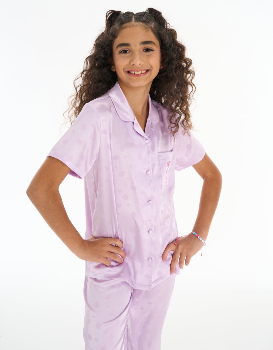 Satin Short-Sleeve Shirt with Pants Pajama Set in Dark Purple