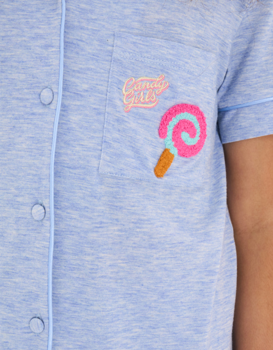 Short-Sleeve Shirt with Pants Pajama Set in Light Blue