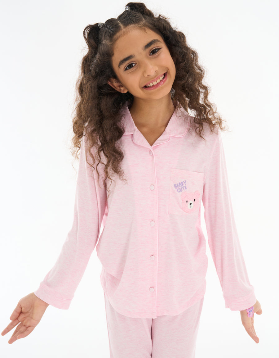 Long-Sleeve Shirt with Pants Pajama Set in Light Pink