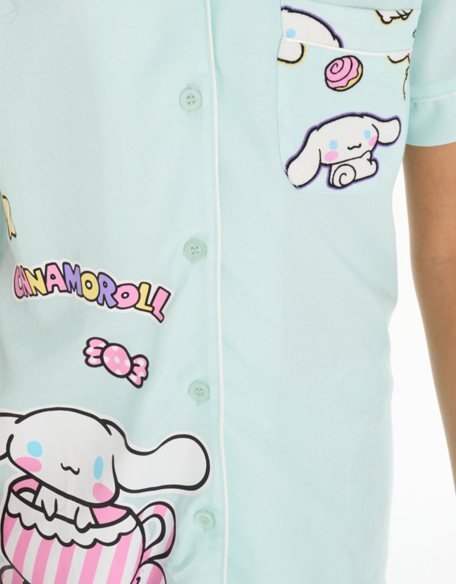 Short-Sleeve Shirt with Pants Pajama Set in Light Green
