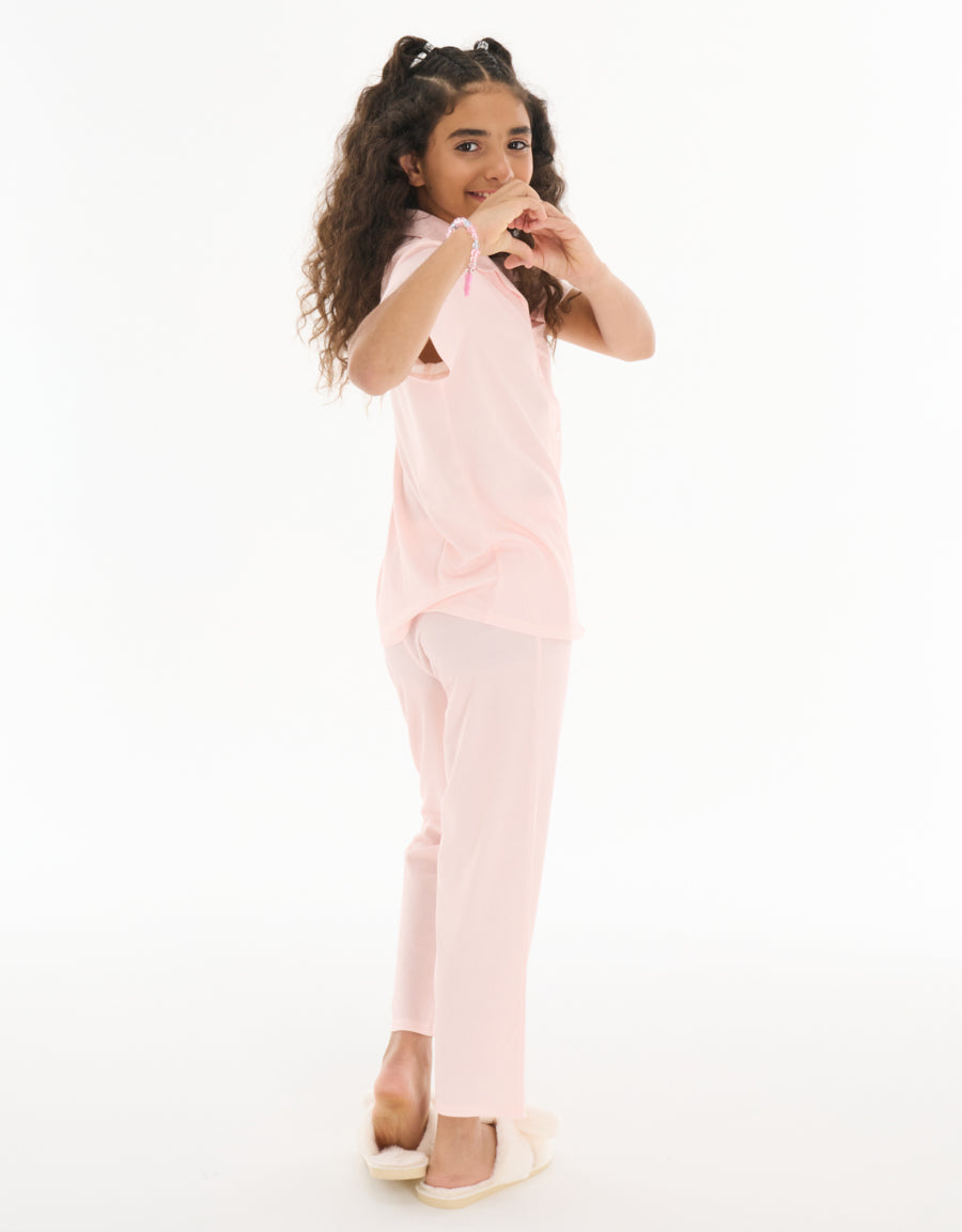 Short-Sleeve Shirt with Pants Pajama Set in Pink