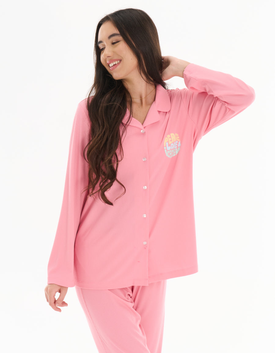 Long-Sleeve Shirt with Pants Pajama Set in Pink