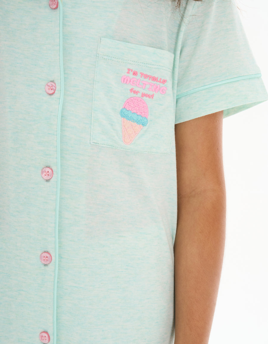 Short-Sleeve Shirt with Pants Pajama Set in Green