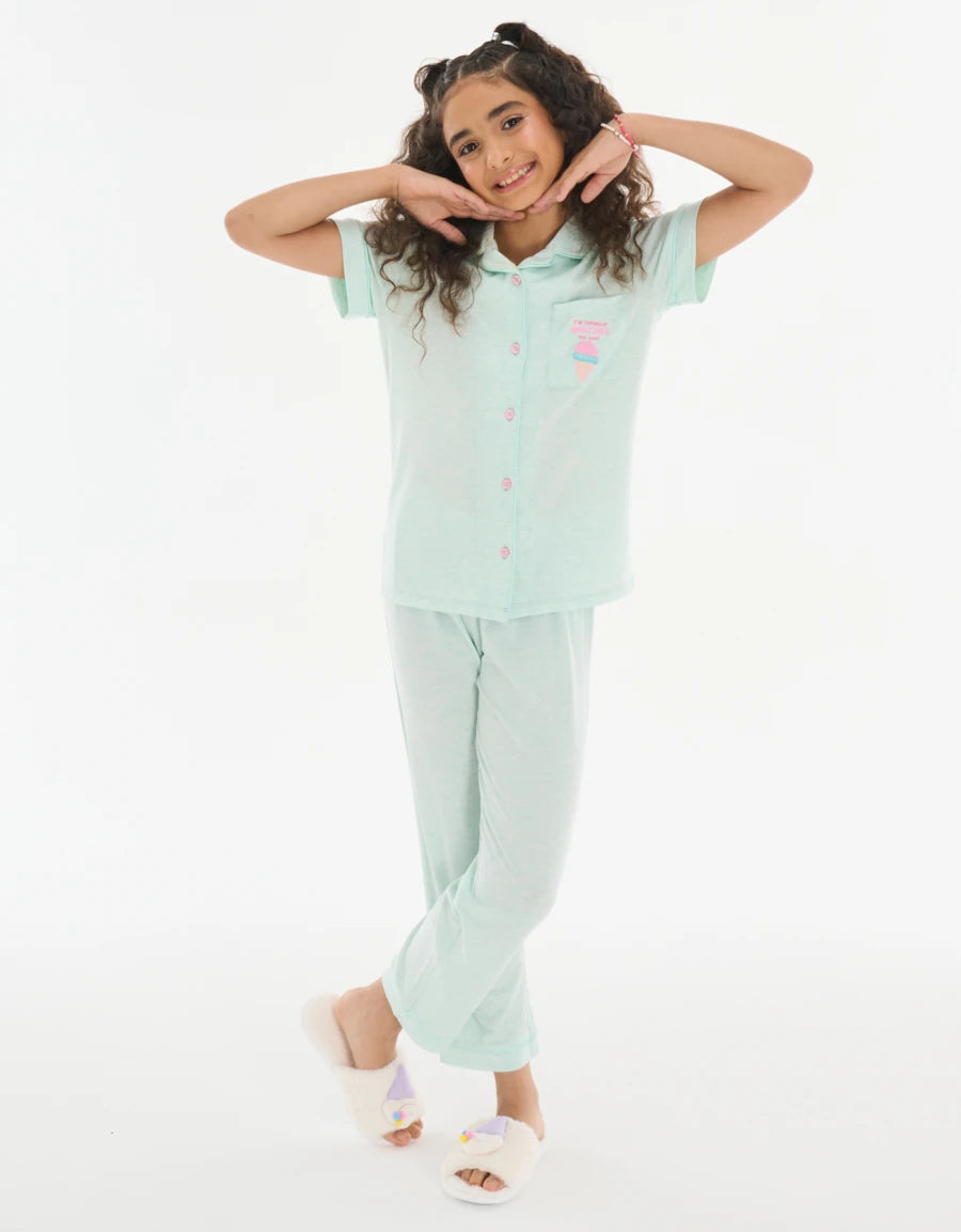 Short-Sleeve Shirt with Pants Pajama Set in Green