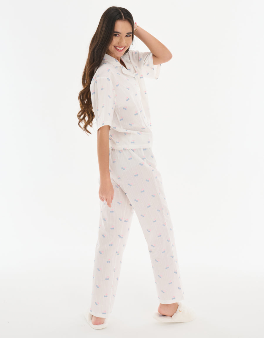 Cotton Midi-Sleeve Shirt with Pants Pajama Set in White