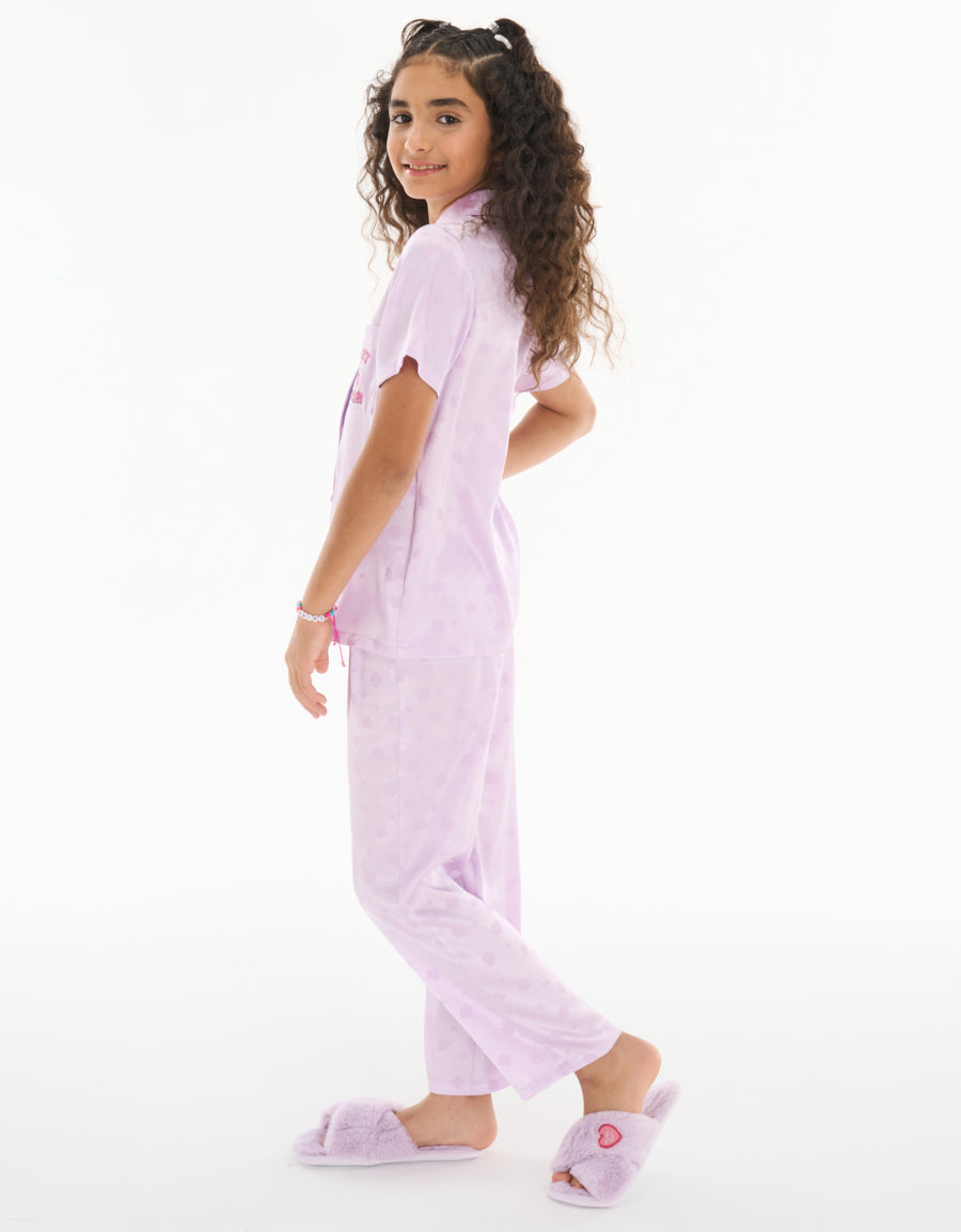 Satin Short-Sleeve Shirt with Pants Pajama Set in Dark Purple