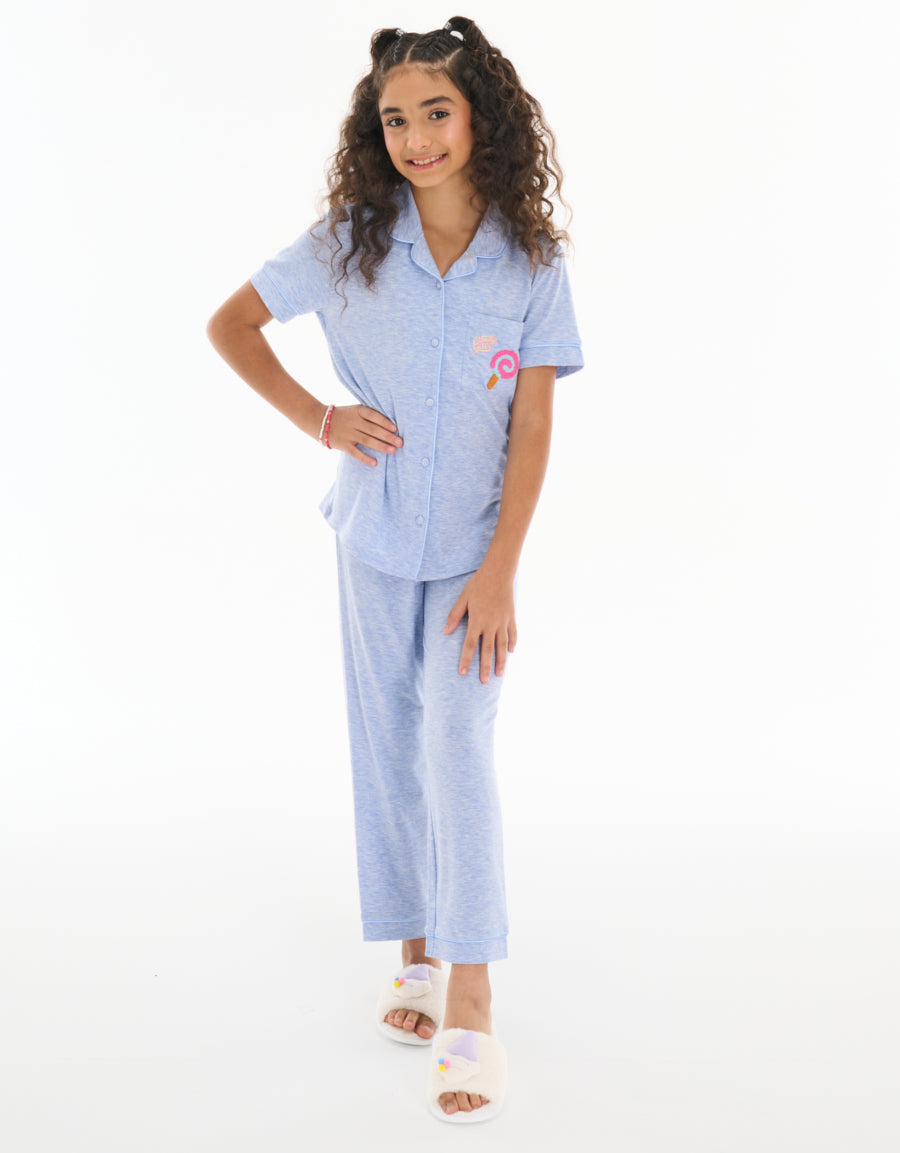 Short-Sleeve Shirt with Pants Pajama Set in Light Blue
