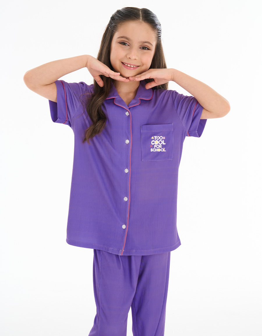 Short-Sleeve Shirt with Pants Pajama Set in Purple