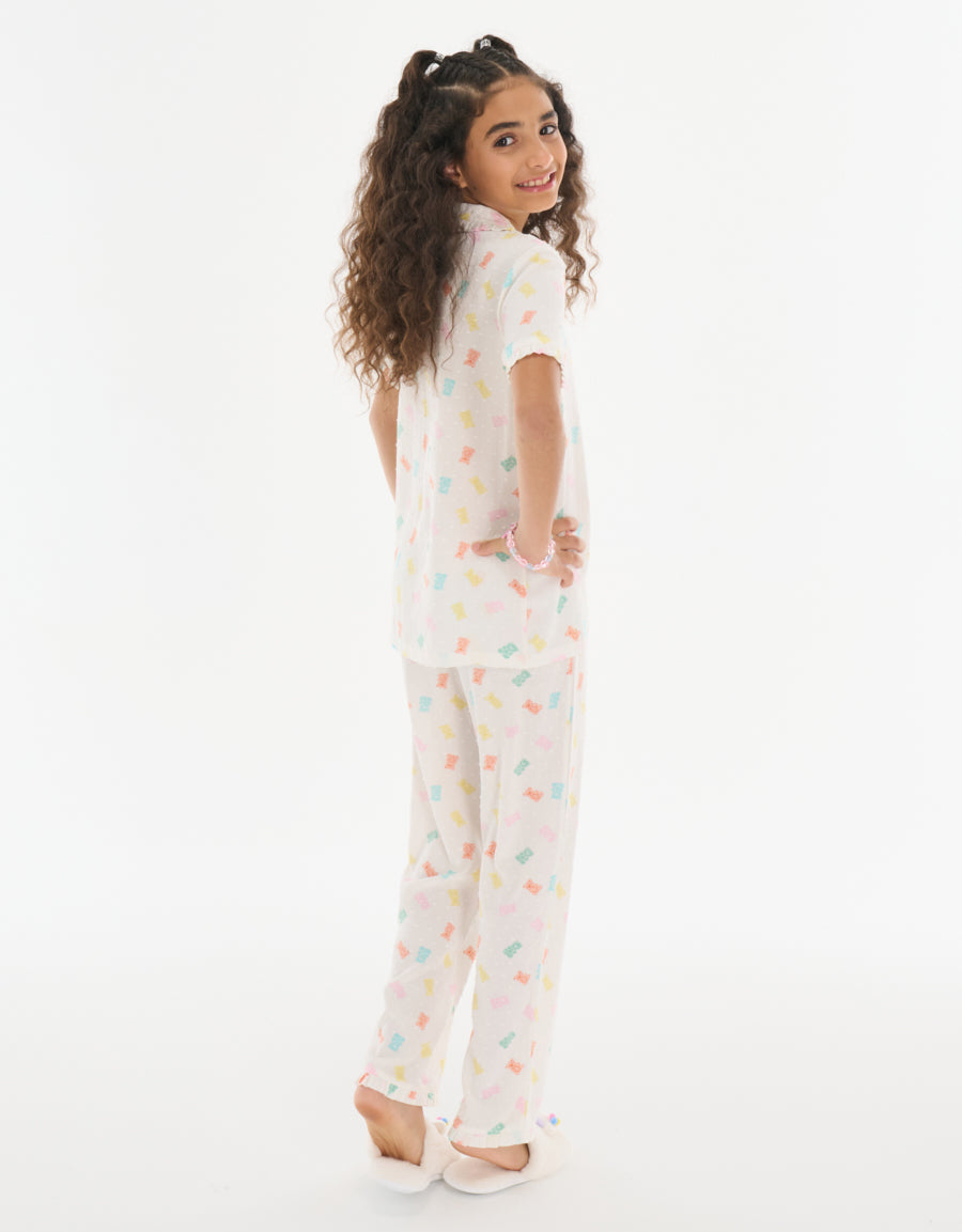 Short-Sleeve Shirt with Pants Pajama Set in White