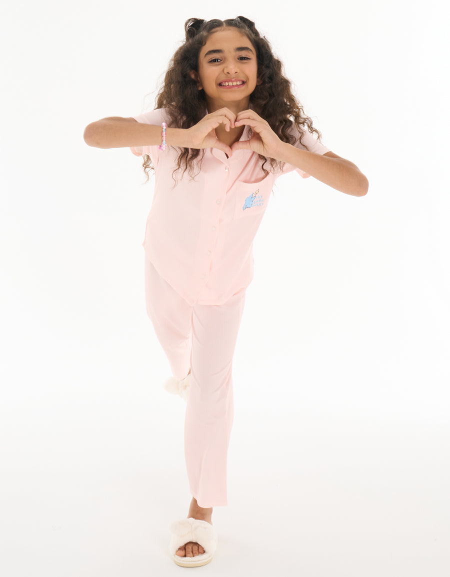 Short-Sleeve Shirt with Pants Pajama Set in Pink