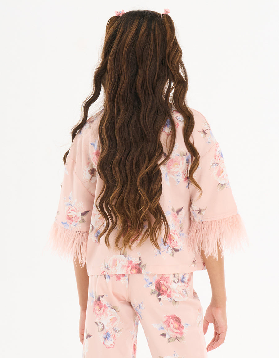 Feather Trim Short Sleeve Pajama Set