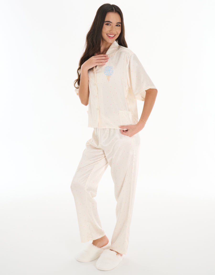 Satin Short-Sleeve Shirt with Pants Pajama Set in Ivory