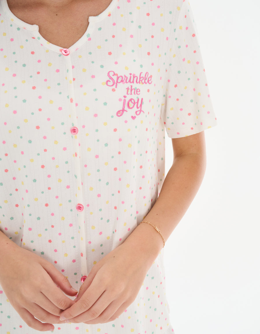 Cotton Short-Sleeve Shirt with Pants Pajama Set in White