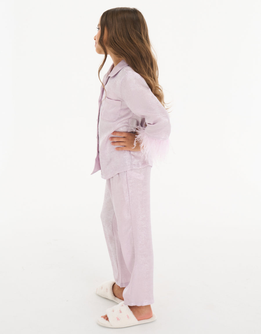 Feather Trim Long Sleeve Pajama Set