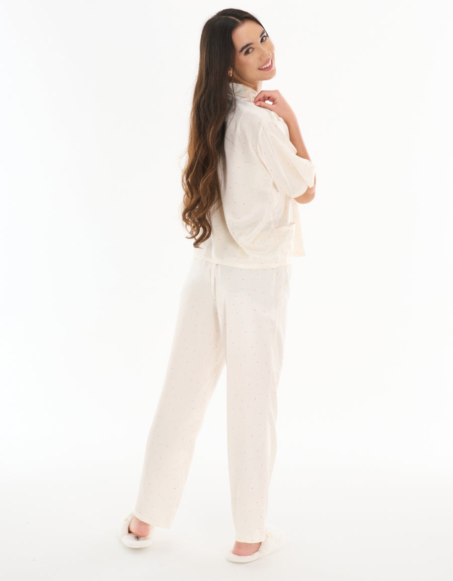 Satin Short-Sleeve Shirt with Pants Pajama Set in Ivory
