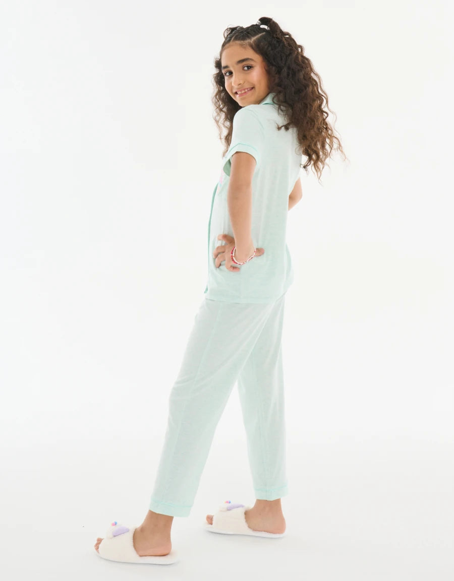 Short-Sleeve Shirt with Pants Pajama Set in Green