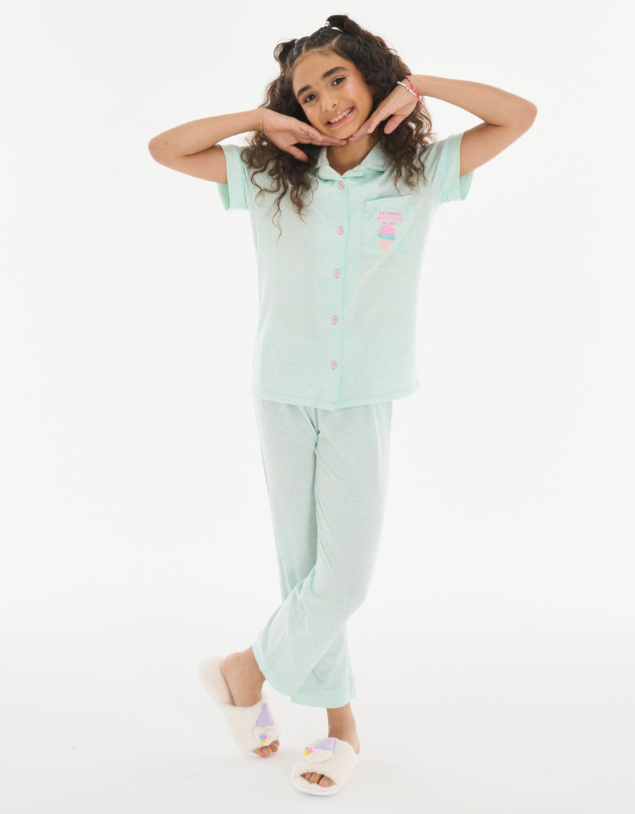 Short-Sleeve Shirt with Pants Pajama Set in Green